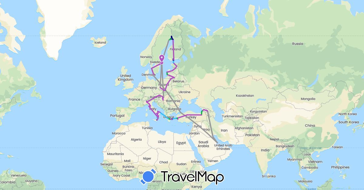 TravelMap itinerary: driving, bus, plane, train, hiking, boat in Austria, Bahrain, Denmark, Estonia, Finland, Georgia, Greece, Hungary, Italy, Kuwait, Lithuania, Latvia, Poland, Sweden, Turkey (Asia, Europe)
