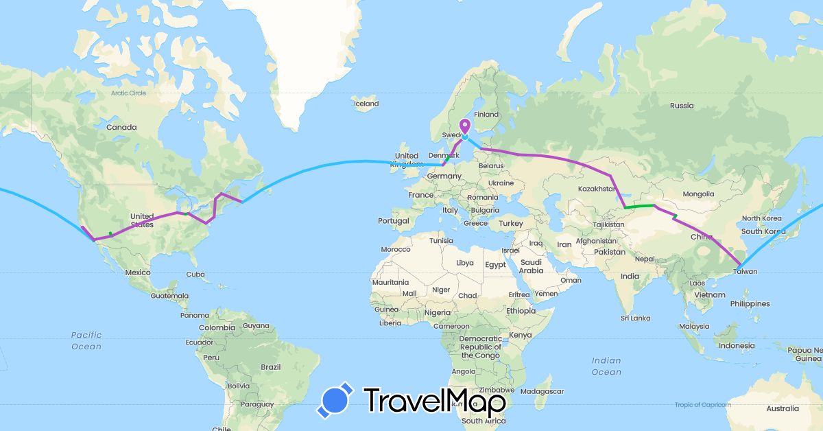 TravelMap itinerary: driving, bus, train, boat in Canada, China, Germany, Denmark, United Kingdom, Kazakhstan, Latvia, Russia, Sweden, United States (Asia, Europe, North America)