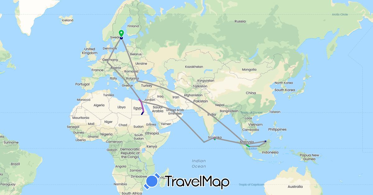 TravelMap itinerary: driving, bus, plane, train, hiking, boat in Brunei, Germany, Egypt, Sri Lanka, Maldives, Malaysia, Qatar, Sweden, Singapore, Turkey (Africa, Asia, Europe)